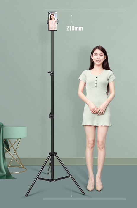 Trepied Foto Telescopic, Pentru Telefon/Cameră Foto, Telecomandă Bluetooth, H68-210cm, Husa, Aluminiu, obralix® [3]