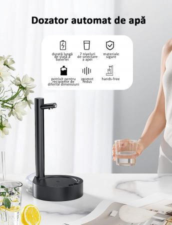 Dozator de apă, pompă electrică, smart 7 moduri, cu acumulator, încărcare usb, negru, obralix® [1]