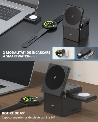 Incarcator wireless magnetic 3 in 1, Fast Charger, 15W, Casti, Smartwatch, Pliabil, Negru [5]