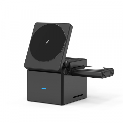 Incarcator telefon mobil - Incarcator wireless magnetic 3 in 1, Fast Charger, 15W, Casti, Smartwatch, Pliabil, Negru