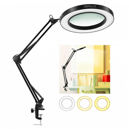 Lampa LED cu lupa, 2 Moduri de Prindere, 3 Moduri iluminare, 10 Niveluri de intensitate, Marire 10x, Neagra, OBRALIX® [3]