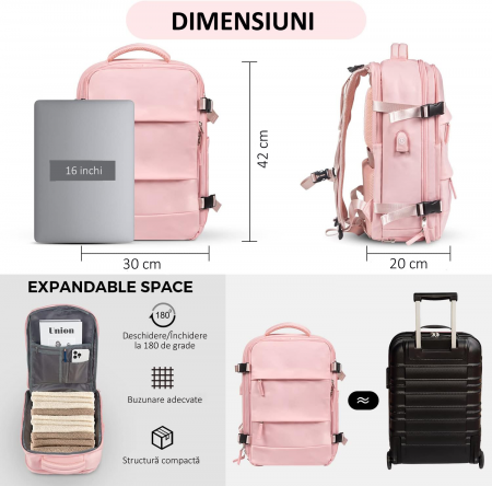 Rucsac Călătorie, compartiment Laptop, Business, pentru Avion, port de încarcare USB, Impermeabil, 42x30x20 cm, Roz [6]
