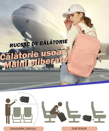 Rucsac Călătorie, compartiment Laptop, Business, pentru Avion, port de încarcare USB, Impermeabil, 42x30x20 cm, Roz [7]