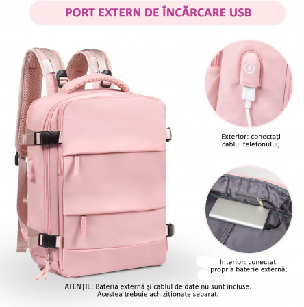 Rucsac Călătorie, compartiment Laptop, Business, pentru Avion, port de încarcare USB, Impermeabil, 42x30x20 cm, Roz [3]