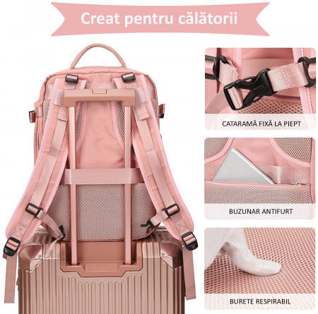 Rucsac Călătorie, compartiment Laptop, Business, pentru Avion, port de încarcare USB, Impermeabil, 42x30x20 cm, Roz [1]