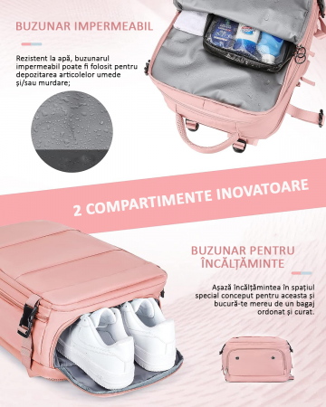 Rucsac Călătorie, compartiment Laptop, Business, pentru Avion, port de încarcare USB, Impermeabil, 42x30x20 cm, Roz [5]