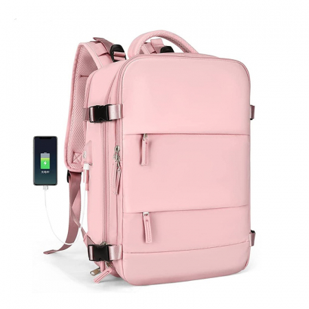 Geanta, rucsac laptop - Rucsac Călătorie, compartiment Laptop, Business, pentru Avion, port de încarcare USB, Impermeabil, 42x30x20 cm, Roz
