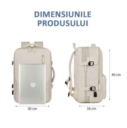 Rucsac Călătorie extensibil, compartiment Laptop, Impermeabil, port USB, până la 39 L, Bej [2]