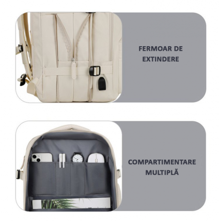 Rucsac Călătorie extensibil, compartiment Laptop, Impermeabil, port USB, până la 39 L, Bej [8]