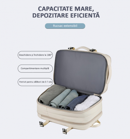Rucsac Călătorie extensibil, compartiment Laptop, Impermeabil, port USB, până la 39 L, Bej [5]