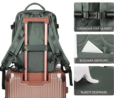 Rucsac Călătorie, pentru Laptop, Business, City Break, Impermeabil, port USB, 42x30x20 cm, Kaki [3]