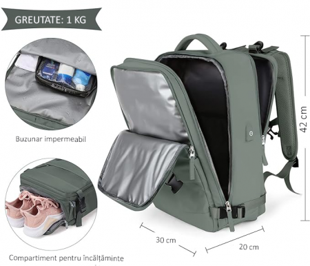 Rucsac Călătorie, pentru Laptop, Business, City Break, Impermeabil, port USB, 42x30x20 cm, Kaki [2]