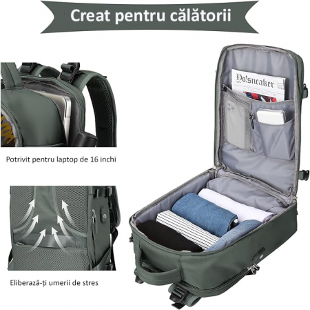 Rucsac Călătorie, pentru Laptop, Business, City Break, Impermeabil, port USB, 42x30x20 cm, Kaki [1]