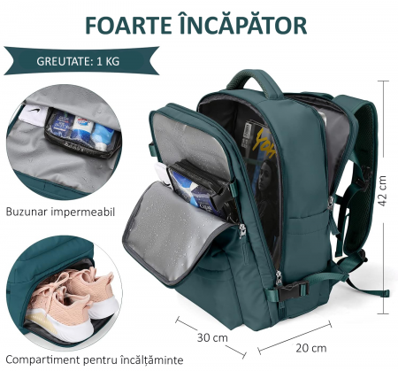 Rucsac Călătorie, pentru Laptop, Wizz Air, până la 35 L, Impermeabil, Turcoaz [3]