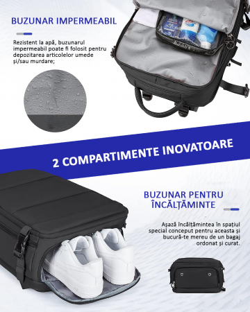 Rucsac Călătorie pentru Laptop, Business, Wizz Air, port de încărcare USB, până la 35 L, Impermeabil, 42x30x20 cm, Negru [3]