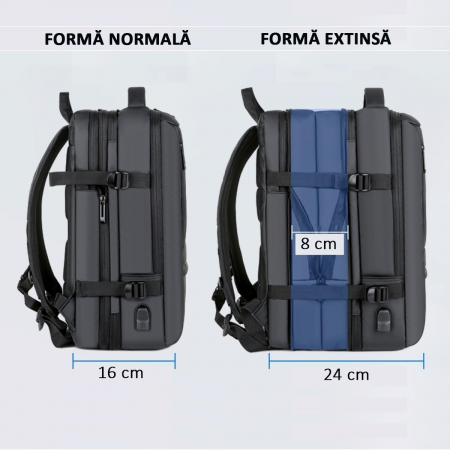 Rucsac Călătorie pentru Laptop, Extensibil, Impermeabil, port USB, până la 40 L, Negru, obralix® [12]