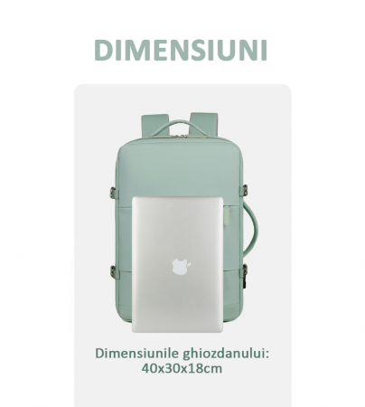 Rucsac Călătorie pentru Laptop, Wizz Air, port încărcare, până la 35 L, Impermeabil, Verde menta, obralix® [6]