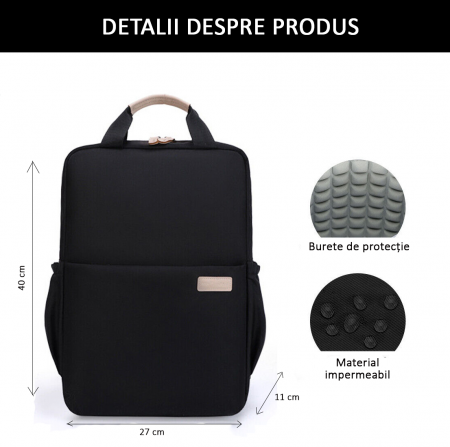 Rucsac Laptop 15.6", Office, Elegant, pentru Studenți, Impermeabil, 40x27x11 cm, Negru, obralix® [5]