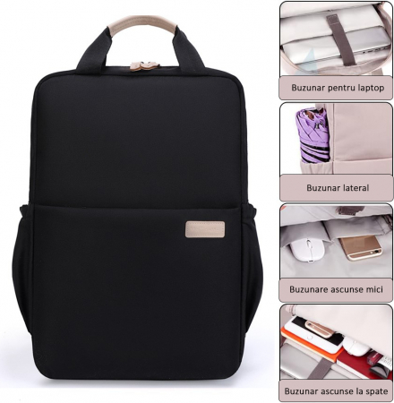 Rucsac Laptop 15.6", Office, Elegant, pentru Studenți, Impermeabil, 40x27x11 cm, Negru, obralix® [4]