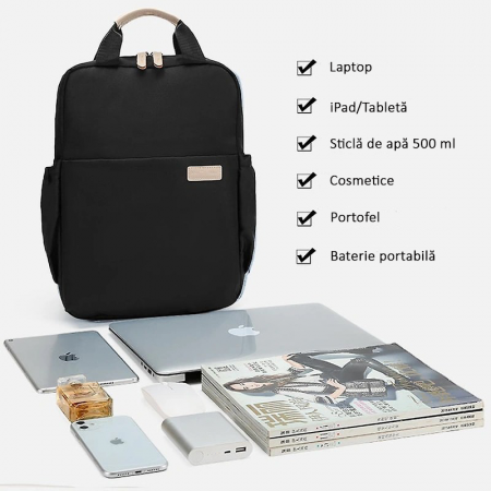 Rucsac Laptop 15.6", Office, Elegant, pentru Studenți, Impermeabil, 40x27x11 cm, Negru, obralix® [2]