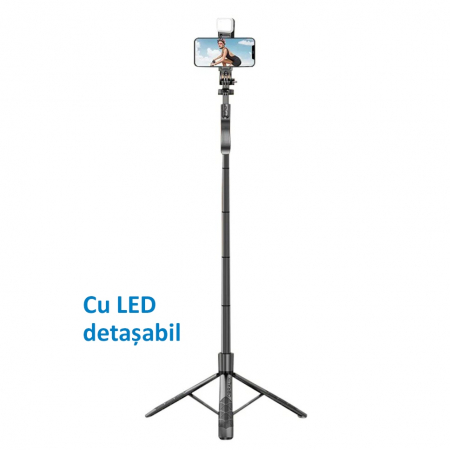 Selfie Stick cu LED și Telecomandă Bluetooth, Rotire, Trepied universal, H33-155 cm [4]