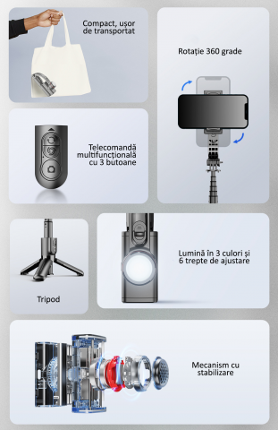 Selfie Stick cu Stabilizator, LED, Telecomanda Bluetooth, iOS/Android, OBRALIX® [1]