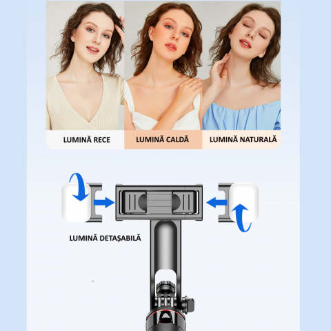 Selfie Stick multifunctional, cu LED, Telecomanda Bluetooth, iOS/Android, 130 cm [6]