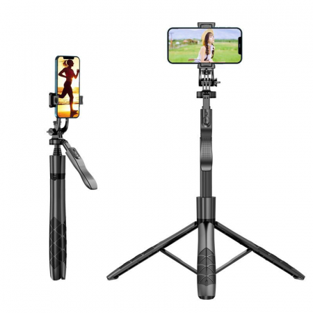 Selfie stick - Selfie Stick, Tripod, Telecomandă Bluetooth, Rotire 360°, Universal, H33-155 cm