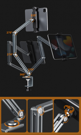 Suport tabletă, iPad, monitor, unghi reglabil, H20-60 cm, aluminiu, argintiu, obralix® [1]