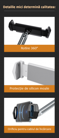 Suport tabletă, iPad, monitor, unghi reglabil, H20-60 cm, aluminiu, argintiu, obralix® [7]