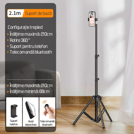 Trepied Foto Telescopic, Pentru Telefon/Cameră Foto, Telecomandă Bluetooth, H68-210cm, Husa, Aluminiu, obralix® [7]
