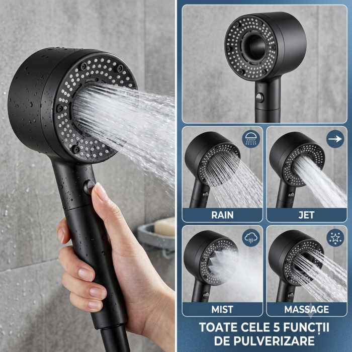 Cap de Duș Premium OneLucero® – Înaltă Presiune, 5 Moduri de Jet & Buton Stop Instant (Negru Mat) [3]