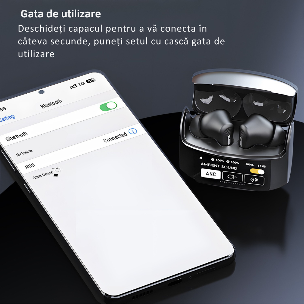 Casti Wireless Model VR06, Carcasa Ecran LCD Full HD 1.9 Inch cu 10 Functii Diferite|BT 5.3, Sunet 360° Stereo HD, Functii ANC si ENC , Difuzor 14mm, Tehnologie 6 Core| Baterie 24h Long Life, Negru [9]