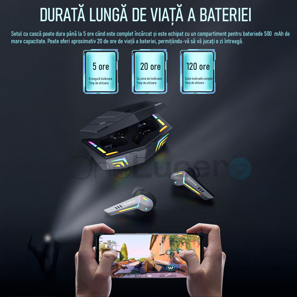 Casti Wireless OneLucero® Model Gaming G001| Functii BT 5.1, Izolarea Zgomotului Exterior, Impermeabile, Microfon|Baterie Carcasa 500 mAH, Casti 55 mAH,Incarcare 1,5 h, Autonomie >5 h Garantie 24 Luni [6]
