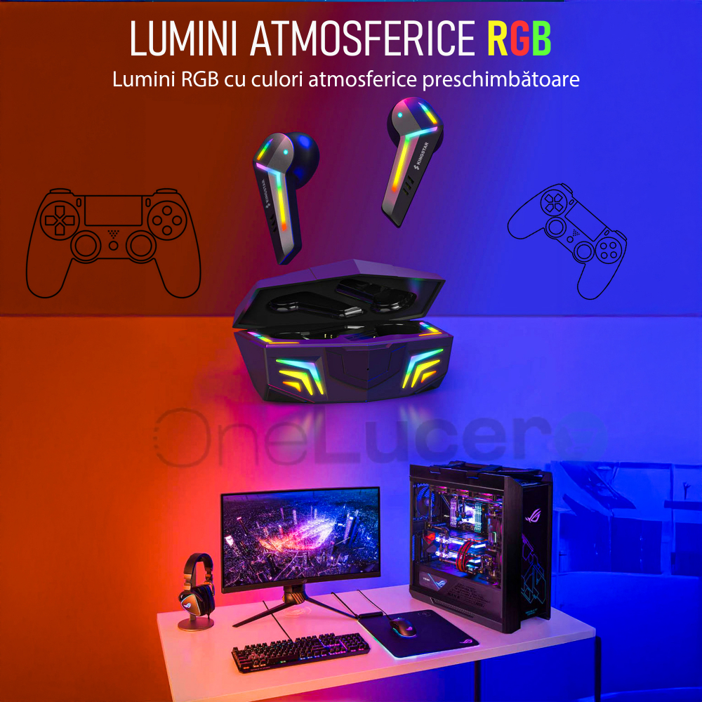 Casti Wireless OneLucero® Model Gaming G001| Functii BT 5.1, Izolarea Zgomotului Exterior, Impermeabile, Microfon|Baterie Carcasa 500 mAH, Casti 55 mAH,Incarcare 1,5 h, Autonomie >5 h Garantie 24 Luni [4]