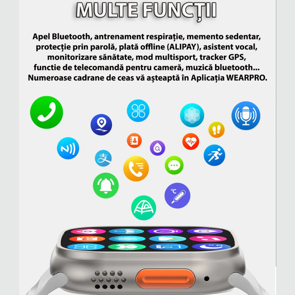 Ceas Inteligent SmartWatch 2.22 inch, +Cadou Casti WIFI + Extra curea, Apel Bluetooth, Incarcator Wireless, metal, Notificari Apel si Retele Sociale, Oximetru, Ritm Cardiac, Termometru, Monitorizare [6]