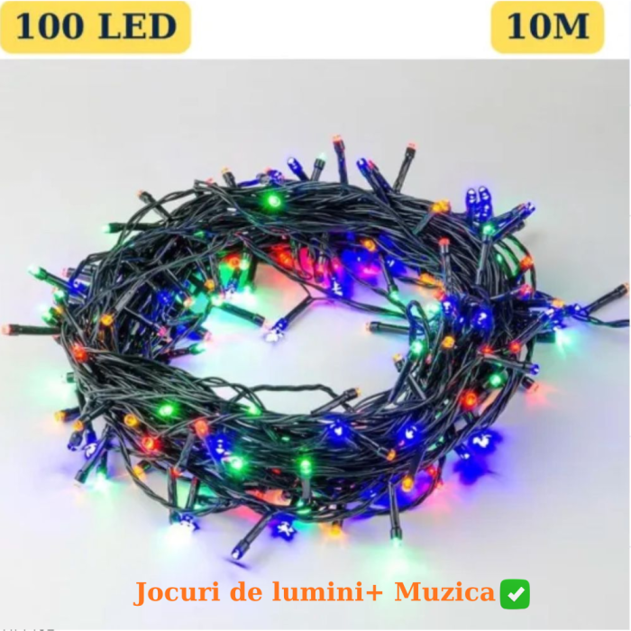Instalatie cu Muzica si Jocuri de Lumini 100 Leduri, 10m Fir Negru, Becuri Multicolor, Lumina Calda| Interior/Exterior [1]