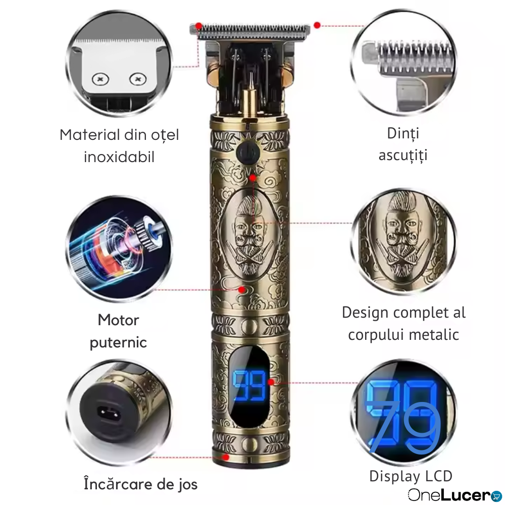 Pachet PROMO 1+1 Trimer Profesional Contur si Detalii cu Lame Titan, Rezistenta la Apa, Autonomie Mare, Capacitate Acumulator LCD 1500 mAh, Auriu, Motor 10W 6500-7000 RPM, Silentios [5]