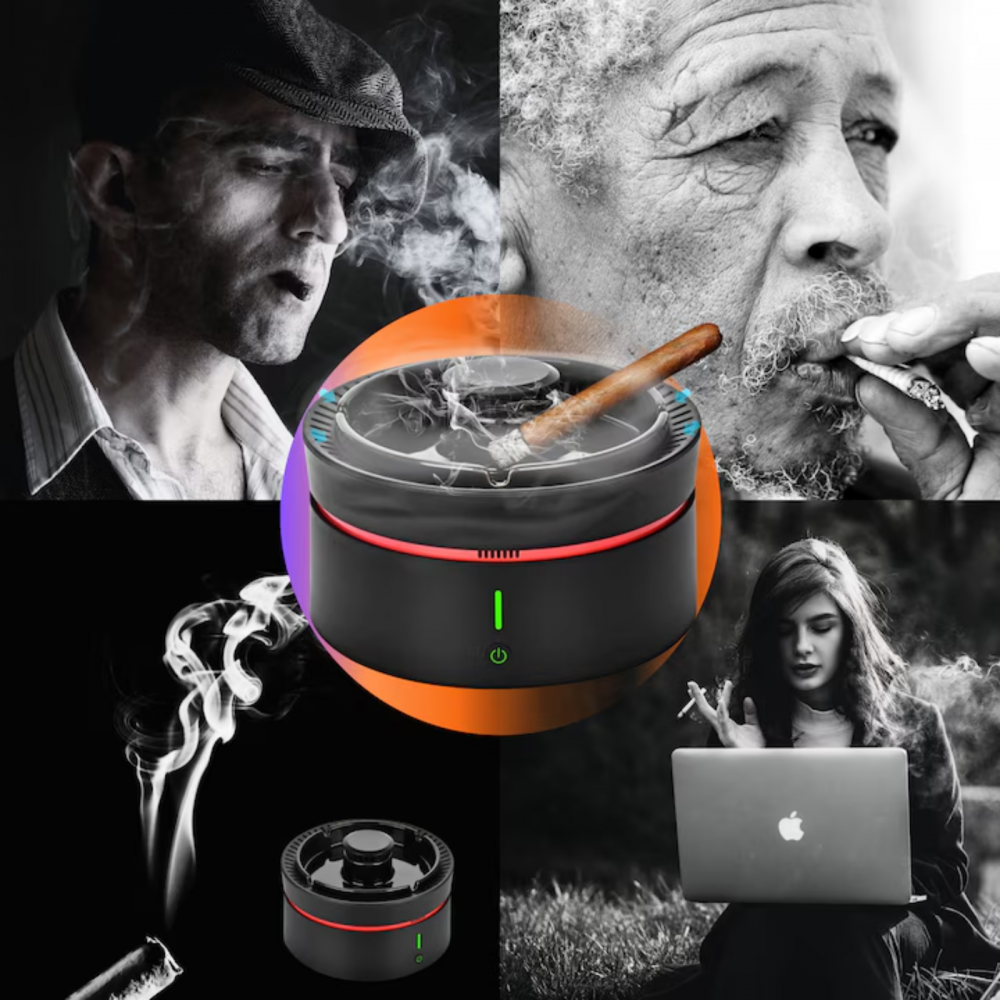 Scrumiera Electrica cu Aspiratie 360 grade a Fumului OneLucero®|Purificator Aer Inteligent, 3 Trepte de Viteza, Detectare Calitate Aer, Eliberare Ioni Negativi, Silentioasa, Odorizant Eliminarea Miros, Incarcare USB, 4000 mAh, Plastic/ Ceramica, Neagra [6]