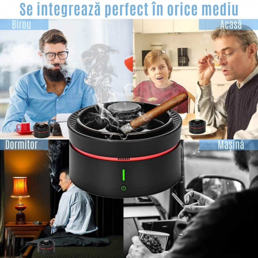 Scrumiera Electrica cu Aspiratie 360 grade a Fumului OneLucero®|Purificator Aer Inteligent, 3 Trepte de Viteza, Detectare Calitate Aer, Eliberare Ioni Negativi, Silentioasa, Odorizant Eliminarea Miros, Incarcare USB, 4000 mAh, Plastic/ Ceramica, Neagra [2]