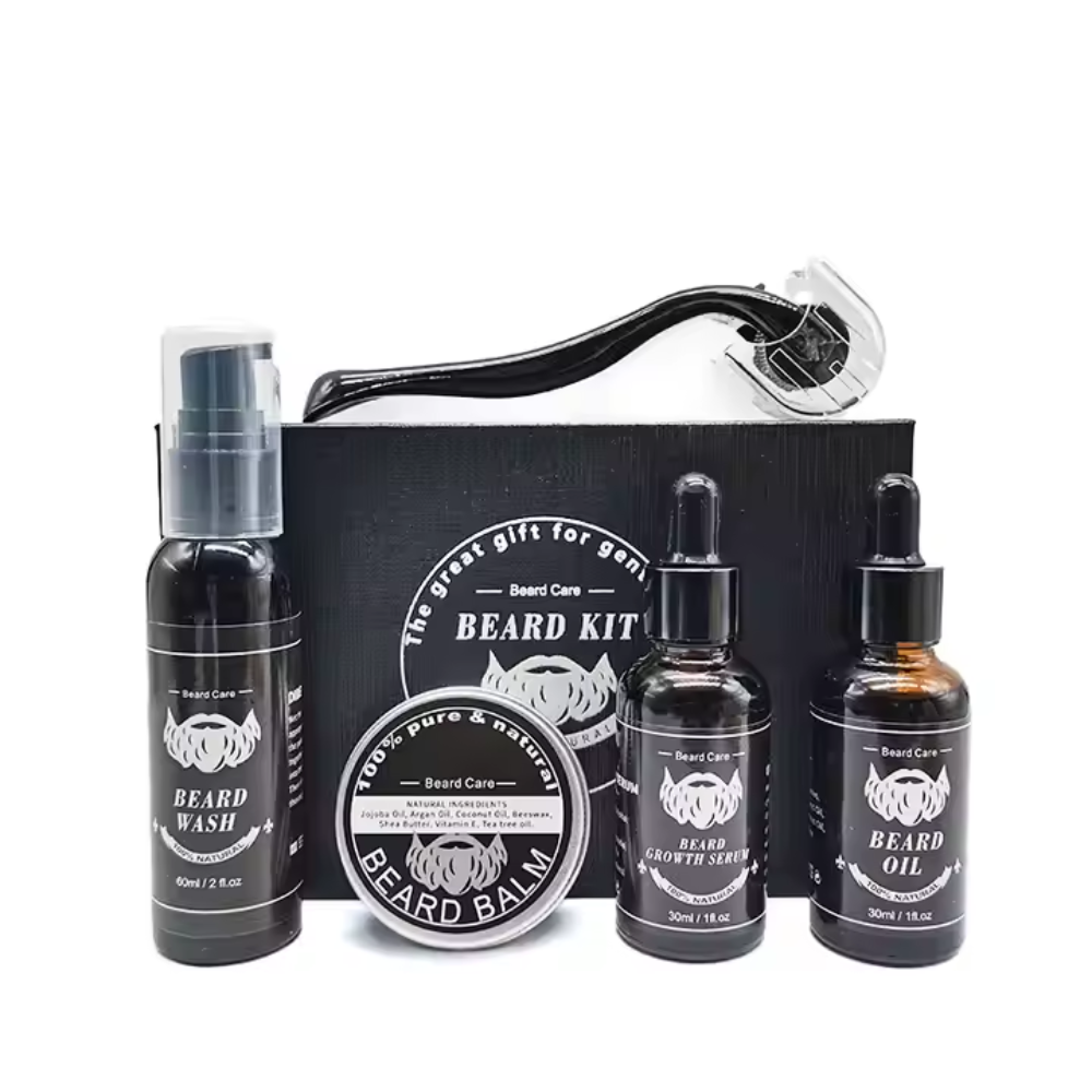 Set Premium Ingrijirea si Stimularea Cresterii Barbii| Sampon, Ser Stimulare Crestere, Ulei Hidratare, Ceara si Roller> Stimuleaza Productia de Colagen|Ingrediente Organice, Ambalaj Tip CADOU [1]