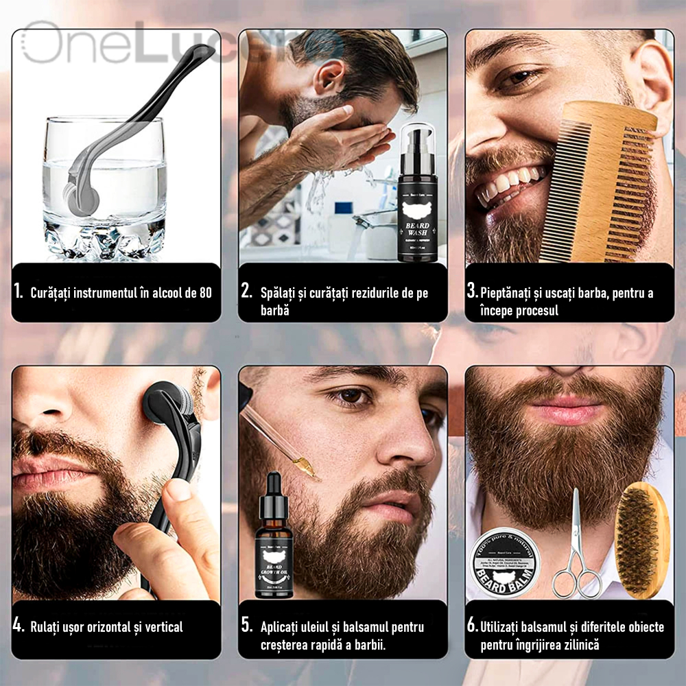 Set Premium Pentru Intretinerea si Stimularea Cresterii Barbii|Lotiune Curatare Barba 60 ML, Ser Stimulare Crestere 30 ML, Ceara 30 G, Derma Roller|Ambalare Tip CADOU [6]
