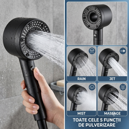 Cap de Duș Premium OneLucero® – Înaltă Presiune, 5 Moduri de Jet & Buton Stop Instant (Negru Mat) [2]