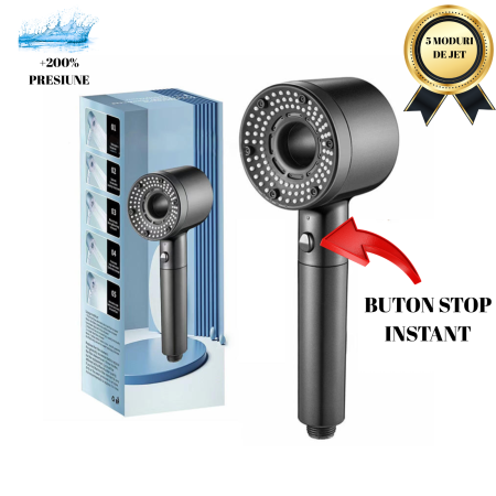 Coloane de dus & seturi de dus - Cap de Duș Premium OneLucero® – Înaltă Presiune, 5 Moduri de Jet & Buton Stop Instant (Negru Mat)
