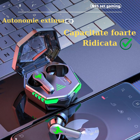 Casti wireless - Casti Wireless OneLucero® Model Gaming N35|Calitate Sunet Stereo 9D, Functii BT 5.2, Touch Control, Izolarea Zgomotului Exterior, Impermeabile, Lumini RGB Autonomie Extinsa