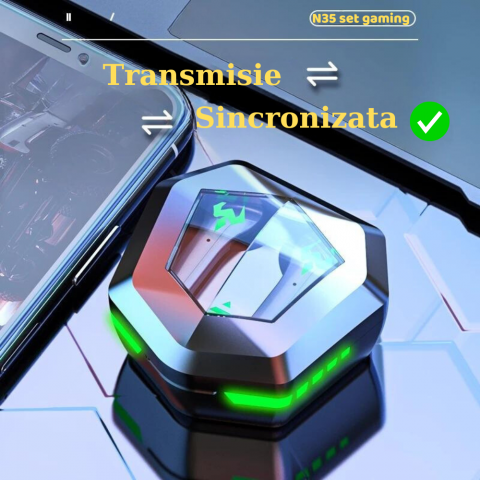 Casti Wireless OneLucero® Model Gaming N35|Calitate Sunet Stereo 9D, Functii BT 5.2, Touch Control, Izolarea Zgomotului Exterior, Impermeabile, Lumini RGB Autonomie Extinsa [4]
