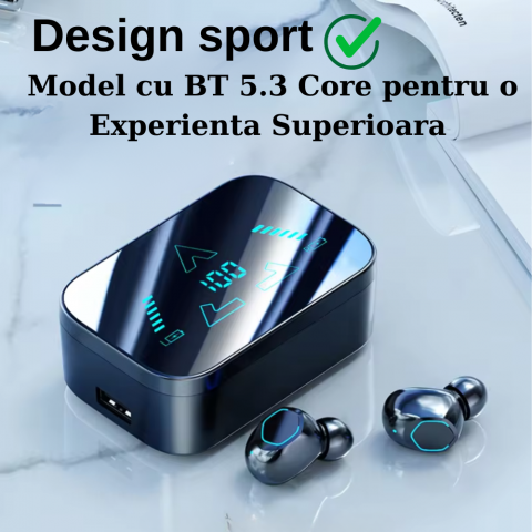 Casti Wireless OneLucero® Model M48|Design Sport cu Functii BT 5.3 Core, ANC si Impermeabilitate Apa si Praf|Tehnologie Cyber Blue, Indicator Baterie LED si Sonorizare 36D Surround|ABS, Negru [1]