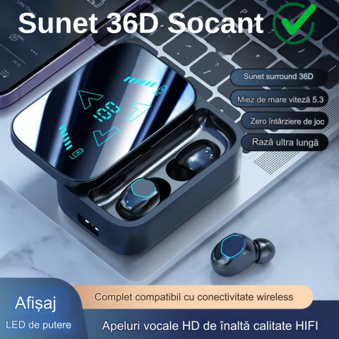 Casti wireless - Casti Wireless OneLucero® Model M48|Design Sport cu Functii BT 5.3 Core, ANC si Impermeabilitate Apa si Praf|Tehnologie Cyber Blue, Indicator Baterie LED si Sonorizare 36D Surround|ABS, Negru