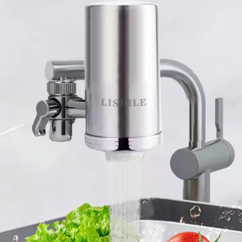 Sisteme filtrare instalatii - Filtru Profesional Inox cu 3 Nivele de Filtrare pentru Purificarea Apei la Robinet Bucatarie sau Baie, Retea sau Putul Propriu|Elimina Clorul, Impuritatiie si Materia Organica|Inox Alimenta