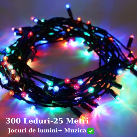 Casă & Grădină - Instalație 300 LED – 25 Metri, Fir Negru, Bec Multicolor cu Muzica si Jocuri de Lumini